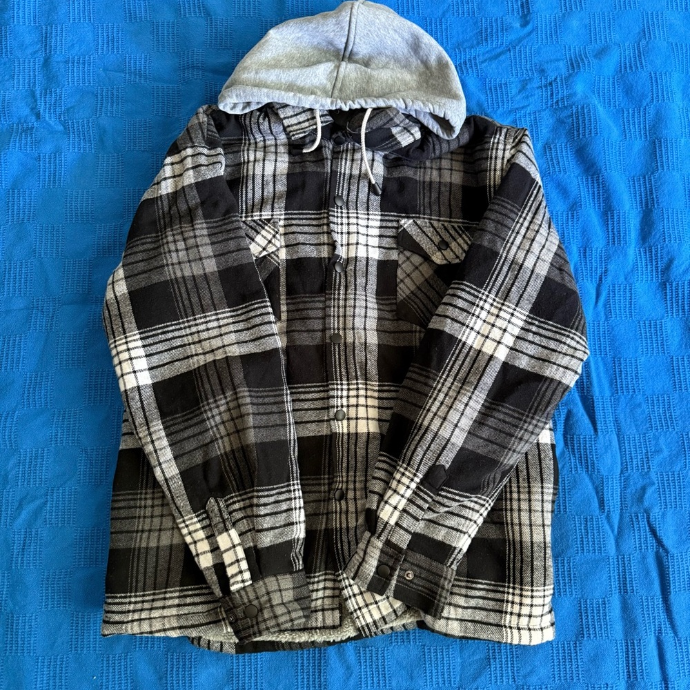 Men's Black and Gray Plaid Hooded Jacket
